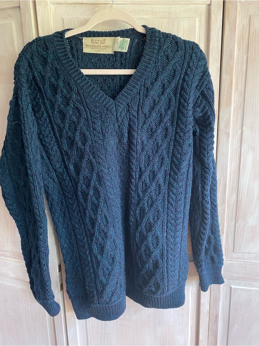 Aran Hand-Knit Cable V-Neck Sweater - Navy -